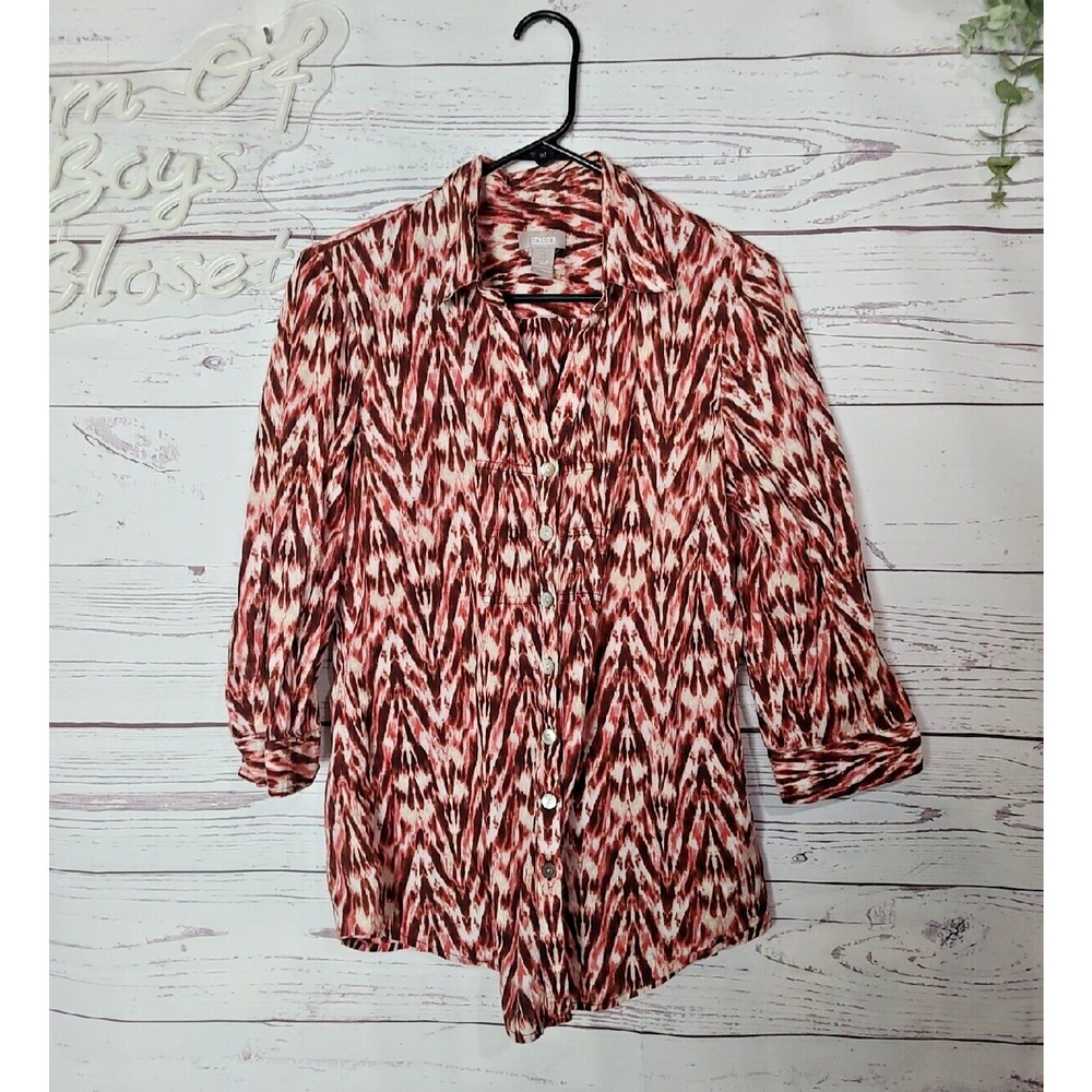Chicos Multicolor Geometric Coastal Button Front Long Sleeve Blouse Womans 1